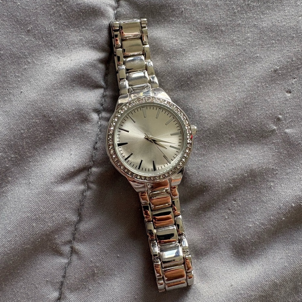 Silver Analog Watch with Crystal Accents